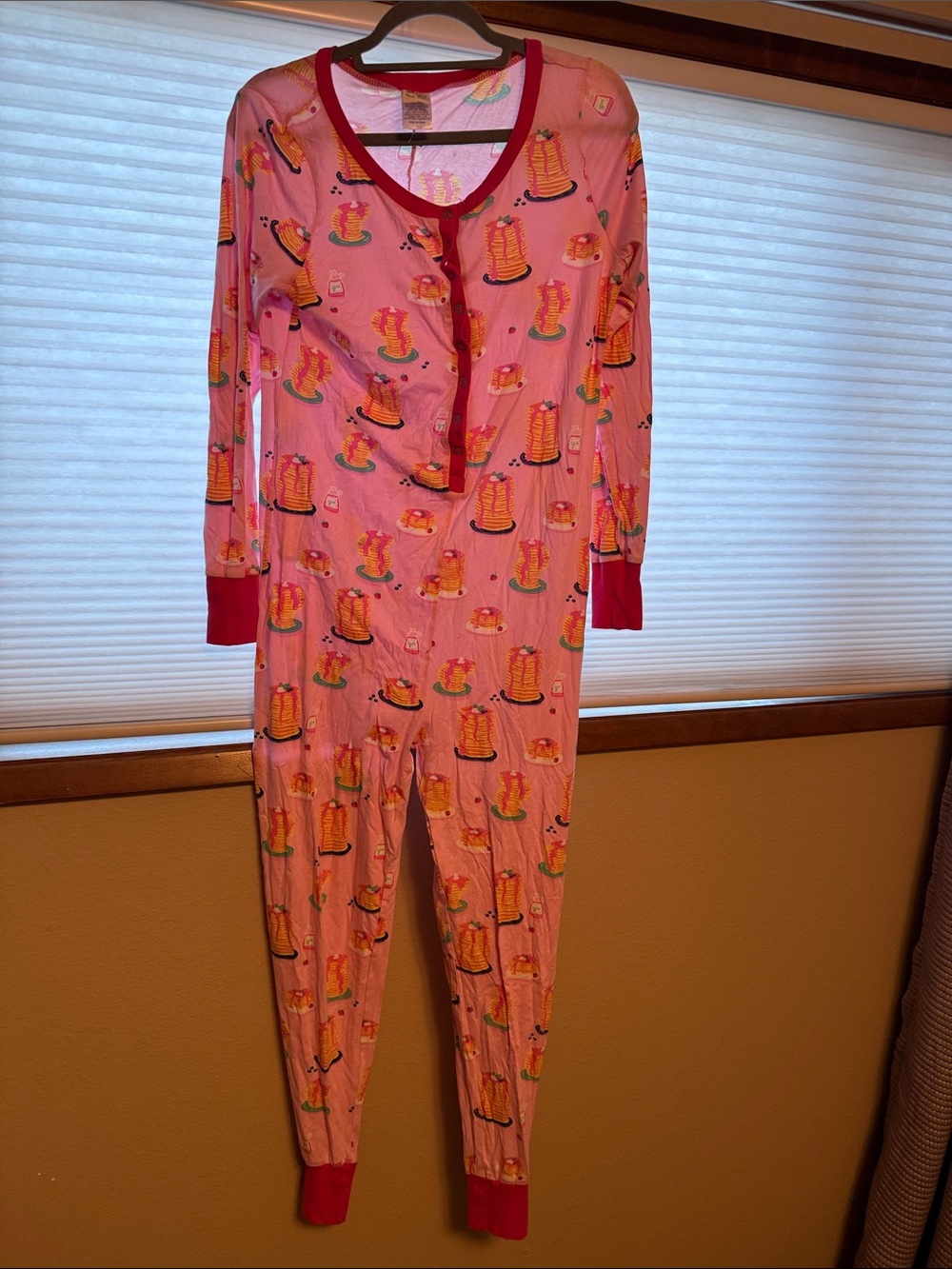 munki munki Pink Kids One-Piece Pajama with Pancake Print and Red Trim